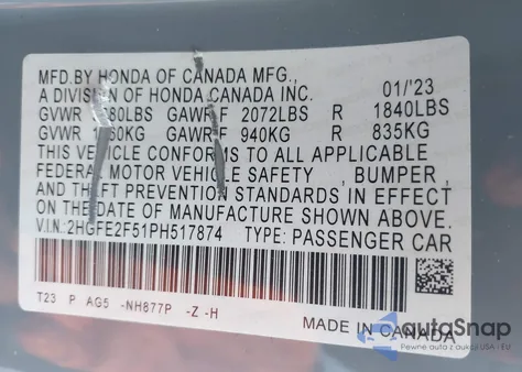 2023 Honda Civic Sport z USA, uszkodzony, nr VIN 2HGFE2F51PH517874